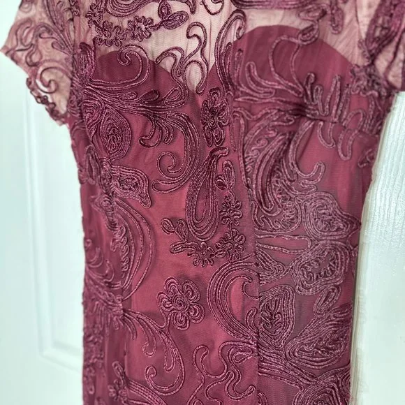 JS Collections Women's Boat Neck Short Sleeve Laced Burgundy  Mermaid Gown - Picture 16 of 16